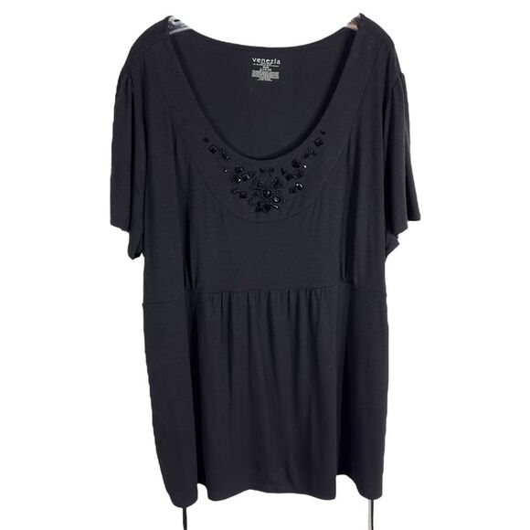 Lane Bryant Venezia Plus Size 26 28 Top Black Rhinestone Beaded Belted Knit 1423 - Picture 1 of 9